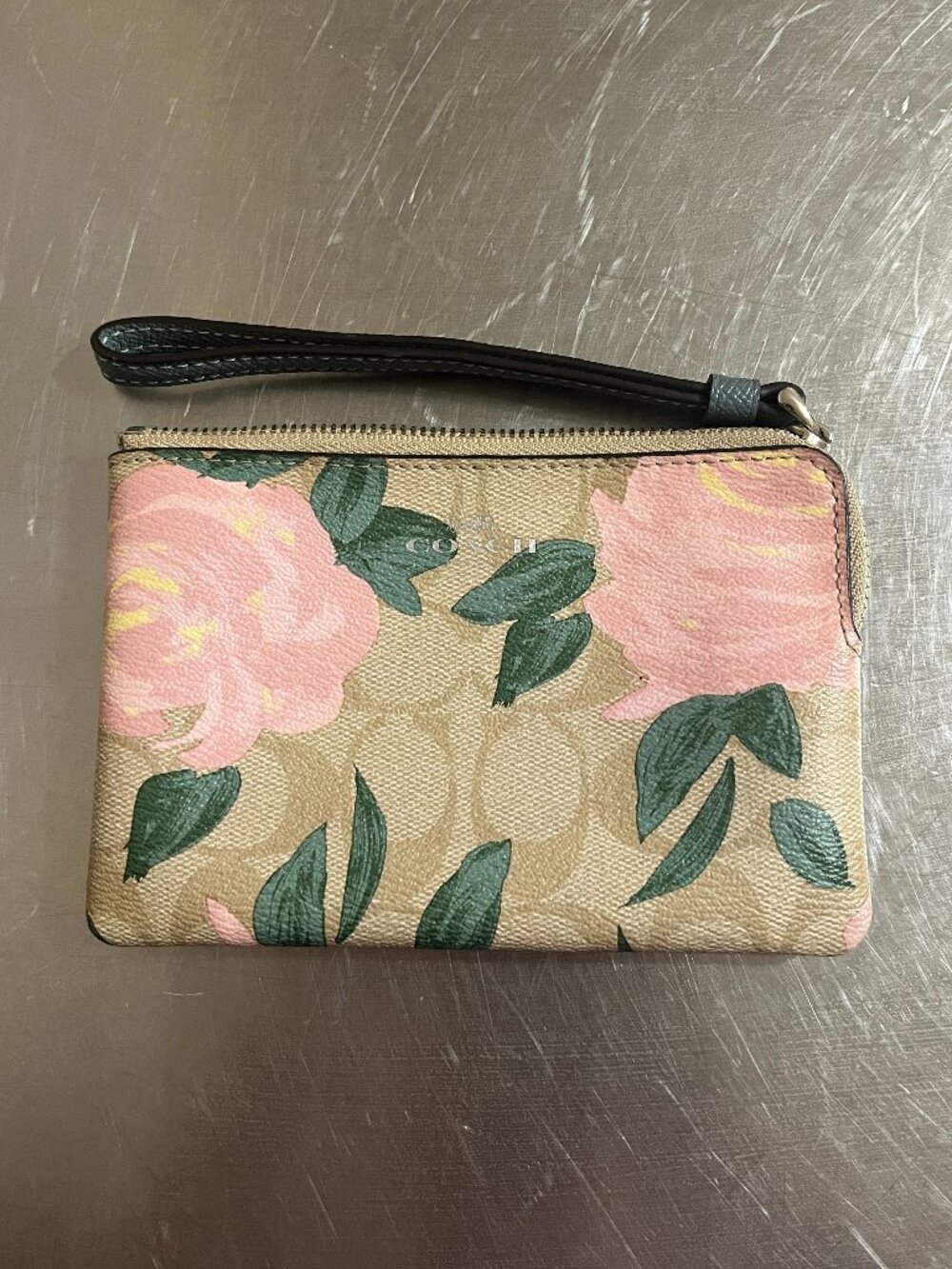 COACH Signature Floral Painted Pink Roses Corner Zip Wristlet